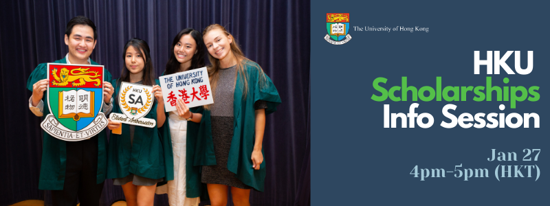 Animated banner for "HKU Scholarships Info Session on Jan 27 4pm-5pm (HKT)" with picture of student ambassadors