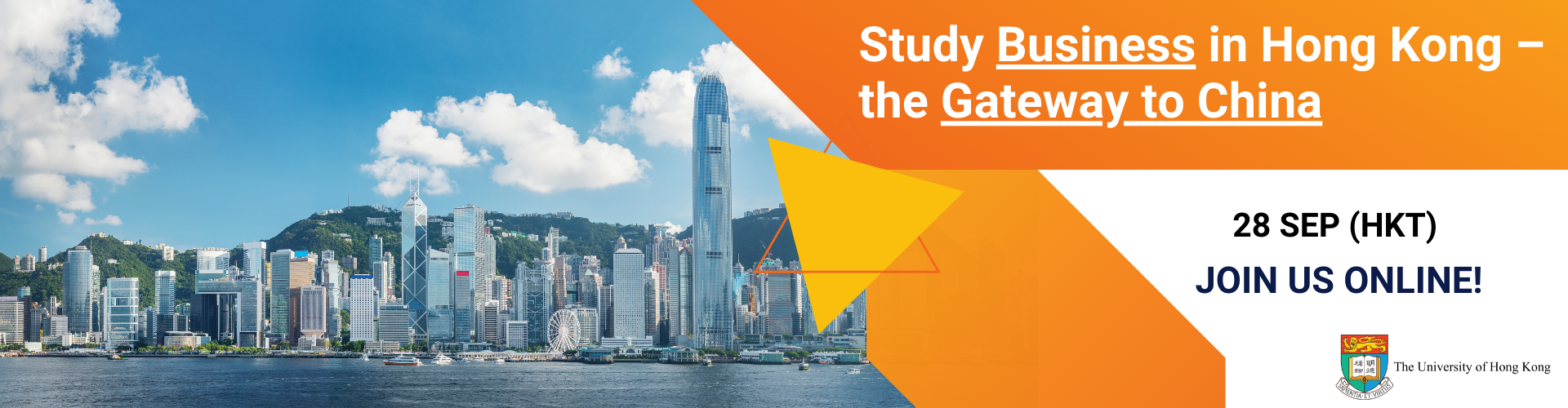 Animated text "Study Business in Hong Kong - the Gateway to China Join Us On 28 September" with photos of Hong Kong harbour