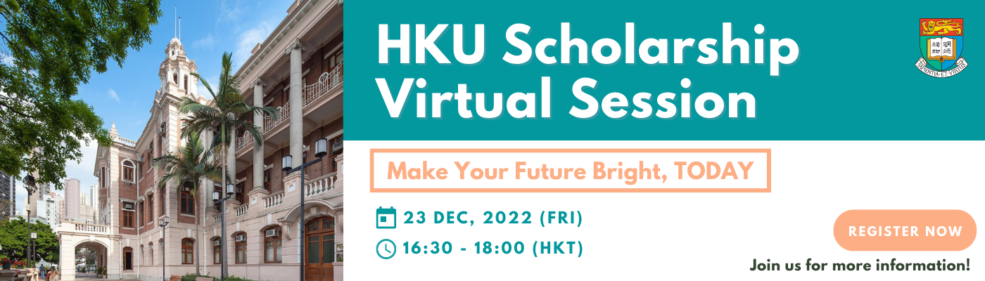 web banner for HKU Scholarship virtual session with the photo of Main building on the left