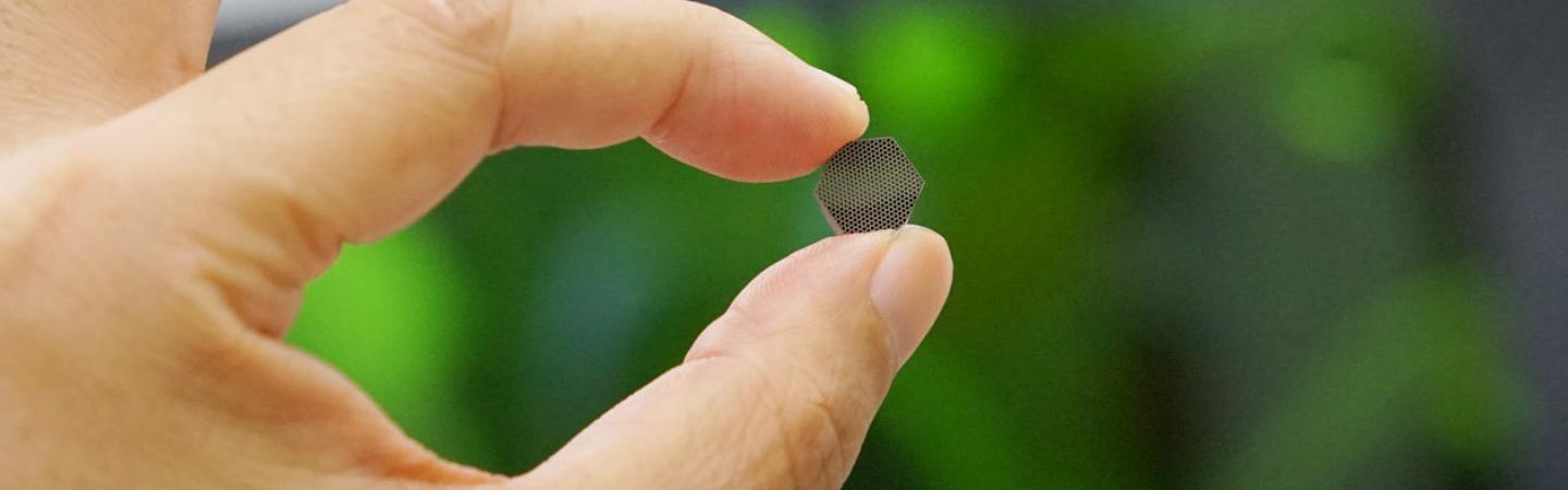 Hand holding a small hexagon-shaped chip device