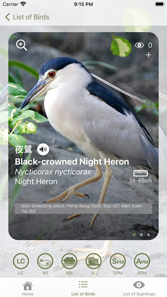 "HKBirds: Birds of Hong Kong" mobile app provides detailed information about each bird species, including size, characteristics, habitats, conservation status and bird calls to assist learning. - From Flat Screen to Nature via Birding: HKU ecologist and Hong Kong Bird Watching Society jointly develop "HKBirds: Birds of Hong Kong" birding app