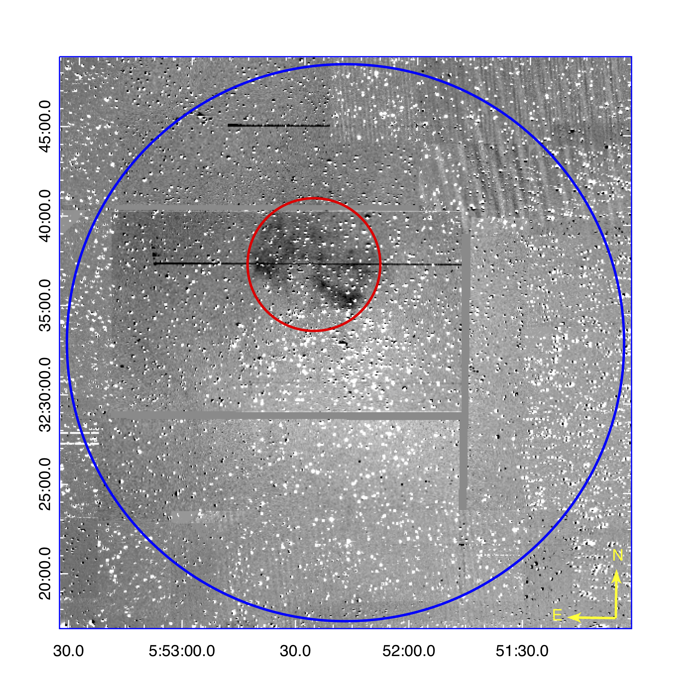 以M 37（NGC 2099）为中心的增强对比度的30x30弧分尺寸的IPHAS（Drew等人，2005年）商图