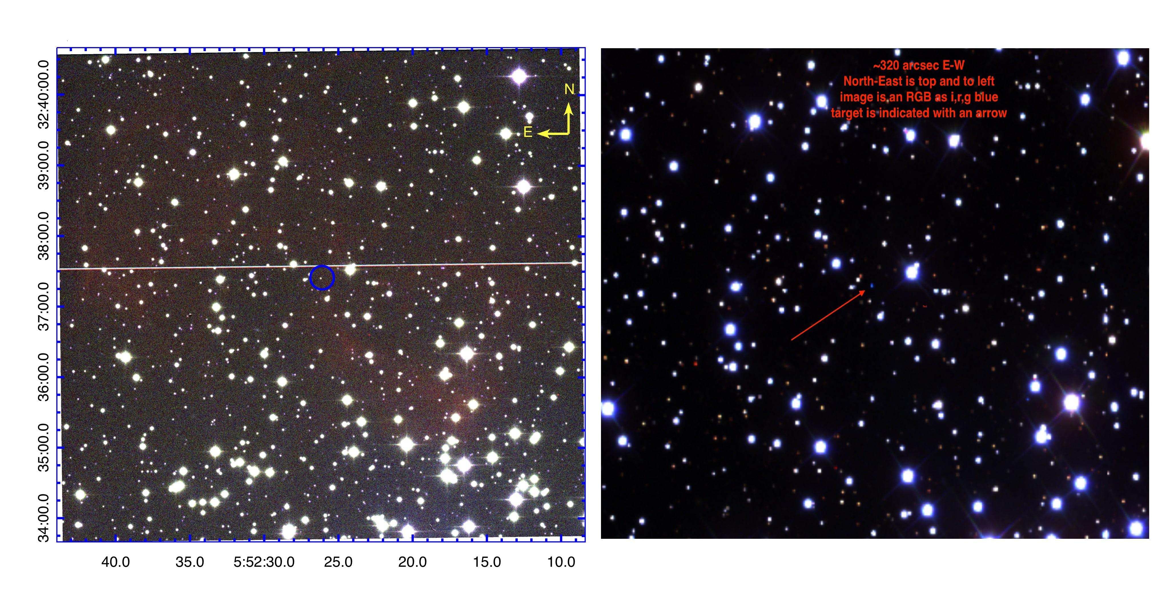 （左图）：利用IPHAS（Drew等人，2005年）观测结果获得的，大小为6.5x6.5弧分的IPHASX J055226.2+323724星云的RGB合成增强影像，（右图）：利用SDSS观测结果获得的，大小为190x145 弧秒的RGB合成影像