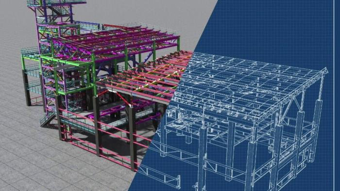 由金属结构、金属结构制成的建筑物的 BIM 模型。 3D 建筑、建筑、工业和工程背景。 3D 渲染。绘制蓝图。