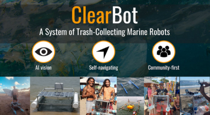 Animated text "Clear Bot a System of trash collecting marine bots"