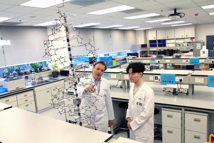 Student and professor inspecting a molecular model in a lab