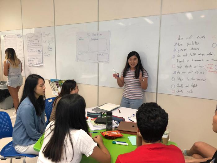 A student is presenting in front of a group of students