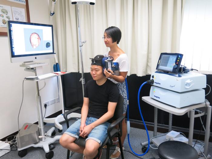 Use transcranial magnetic stimulation to show a 3D image of the head of a person