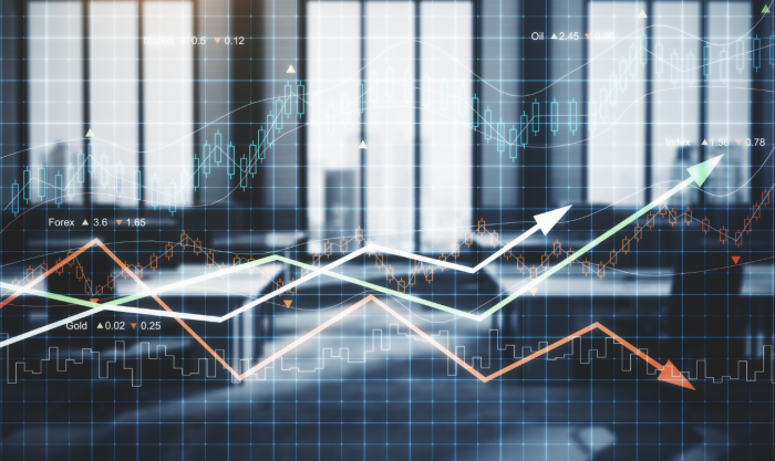 Forex chart display in front of blurry office