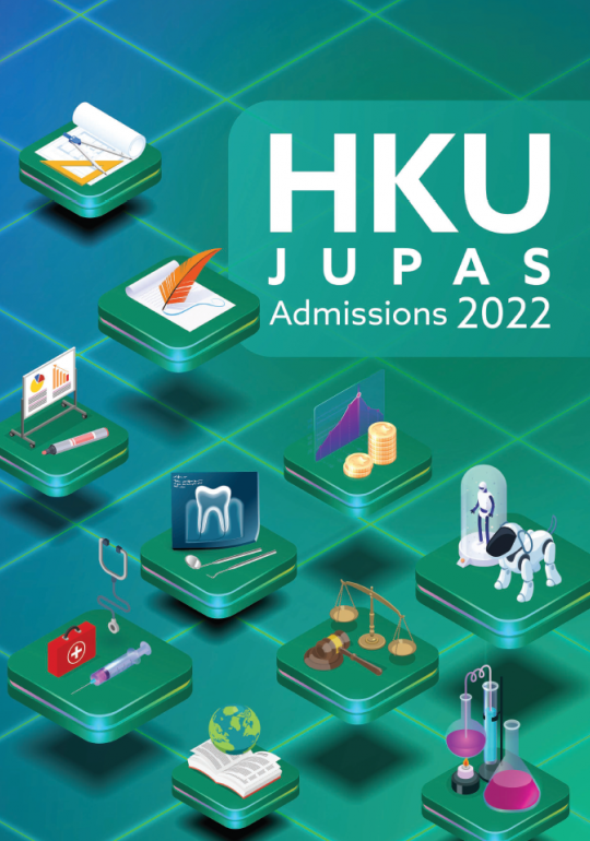 Cover image of JUPAS Admissions brochure 2022 with isometric graphics representing 10 faculties